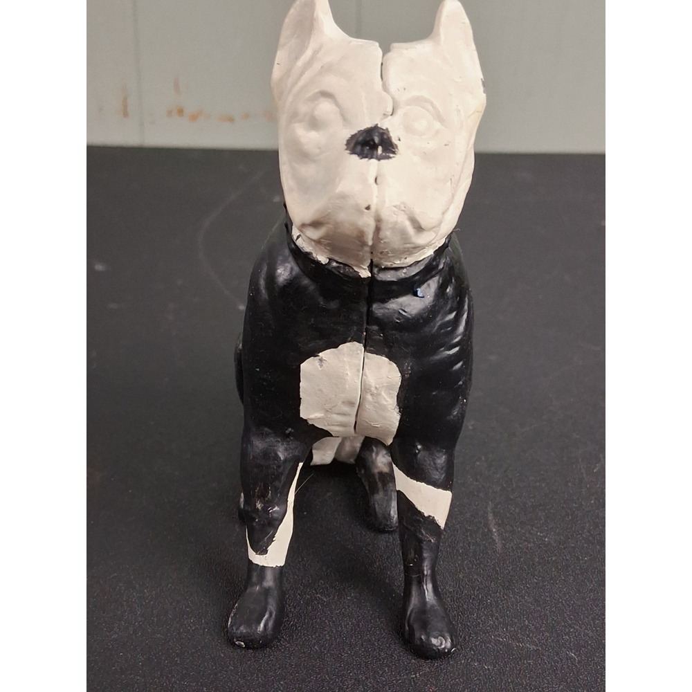 Vintage Boston Terrier Dog Cast Iron Coin Bank 5" Seated Black White Rare Colors